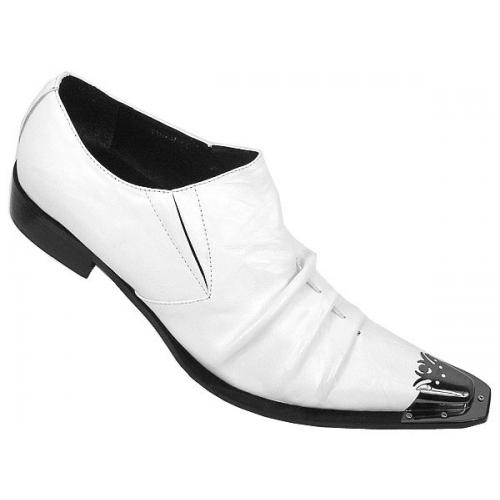 Fiesso White Pleated Pointed Toe Metal Tip Leather Shoes FI6207